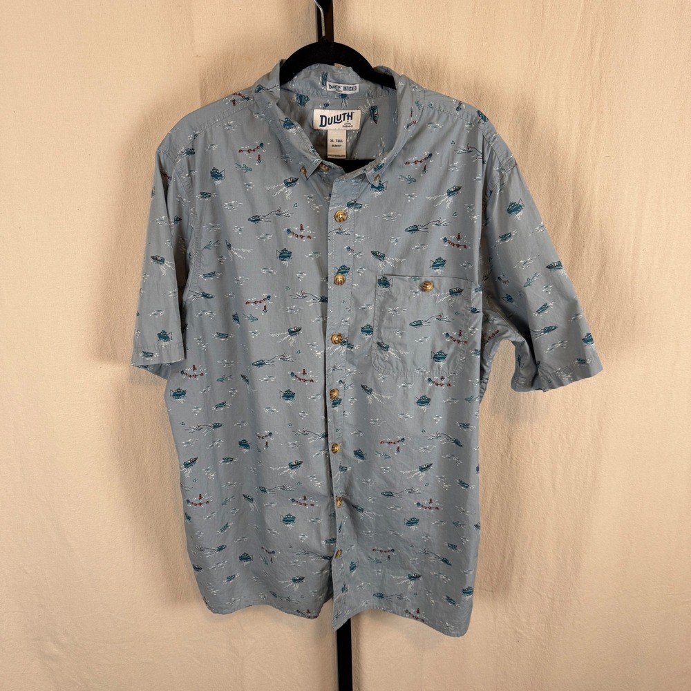 Duluth Trading Co Untucked Shirt Mens XL Tall Slim Fit Blue Nautical Boat Print‎